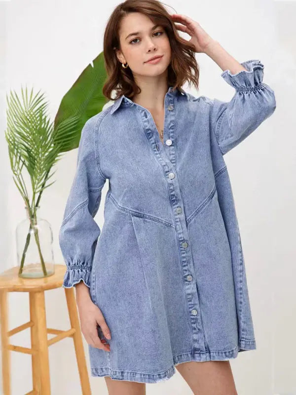 Blue Zone Planet | Loose Denim Balloon Sleeve Long Sleeve Dress BLUE ZONE PLANET