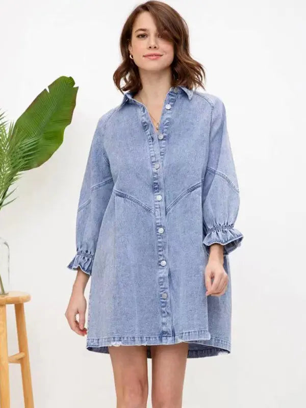 Blue Zone Planet |  Loose Denim Balloon Sleeve Long Sleeve Dress BLUE ZONE PLANET