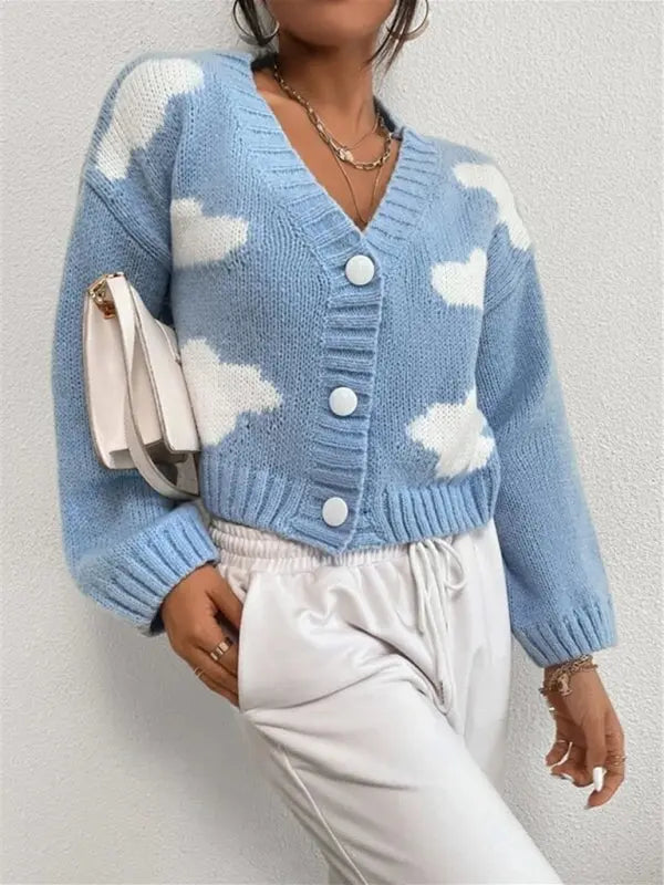 Blue Zone Planet | Loose V-neck cloud drop shoulder knitted cardigan three-button sweater short coat kakaclo