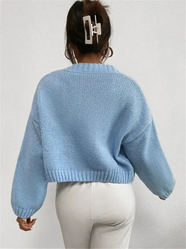 Blue Zone Planet | Loose V-neck cloud drop shoulder knitted cardigan three-button sweater short coat kakaclo