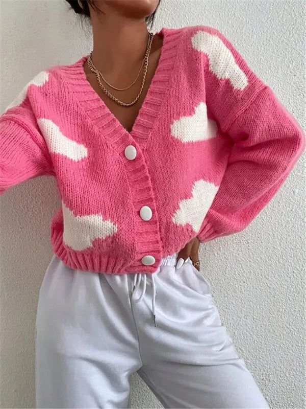 Blue Zone Planet | Loose V-neck cloud drop shoulder knitted cardigan three-button sweater short coat kakaclo
