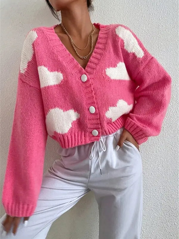 Blue Zone Planet | Loose V-neck cloud drop shoulder knitted cardigan three-button sweater short coat kakaclo