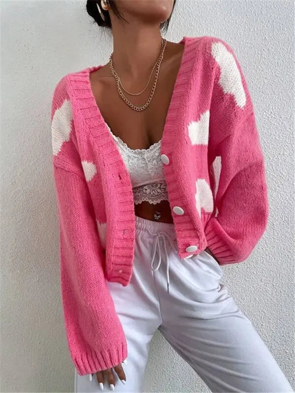Blue Zone Planet | Loose V-neck cloud drop shoulder knitted cardigan three-button sweater short coat kakaclo