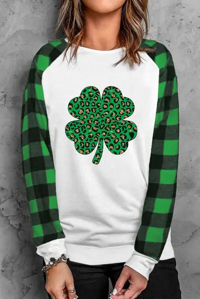 Blue Zone Planet | Lucky Clover Round Neck Long Sleeve T-Shirt BLUE ZONE PLANET