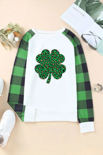 Blue Zone Planet | Lucky Clover Round Neck Long Sleeve T-Shirt BLUE ZONE PLANET