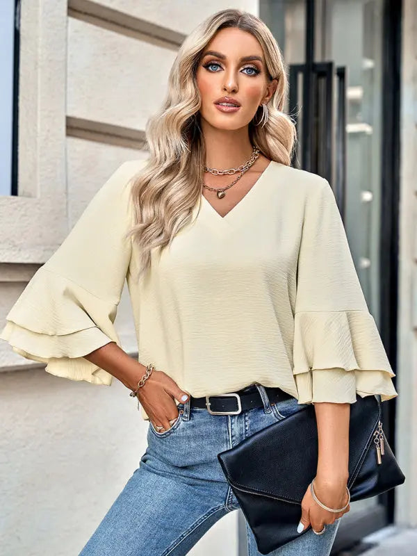 Blue Zone Planet | Luna's Solid Color Loose V-neck Lotus Leaf Sleeve Blouse BLUE ZONE PLANET