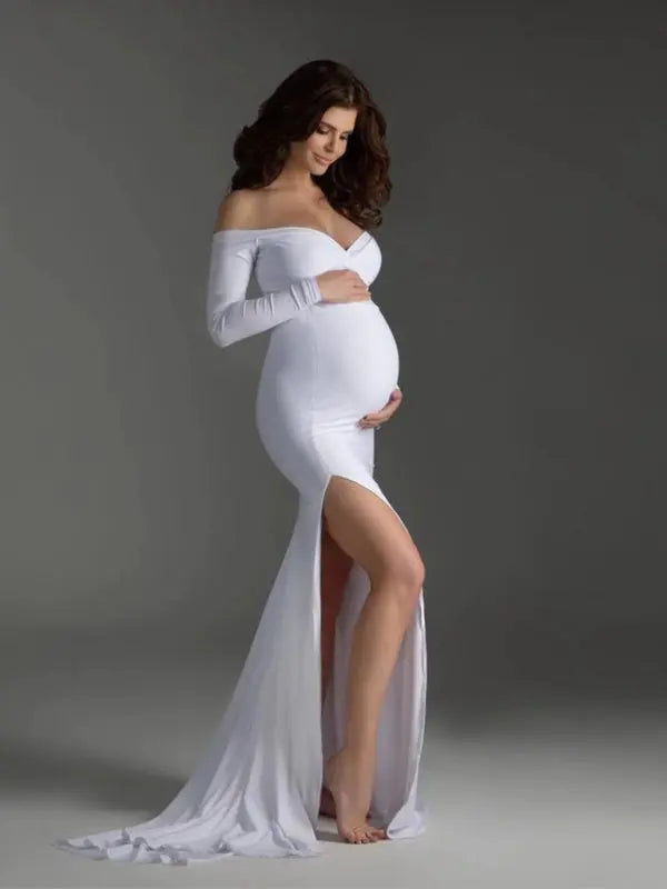 Blue Zone Planet | Maternity clothes-One-shoulder V-neck hem slit trailing tail dress BLUE ZONE PLANET