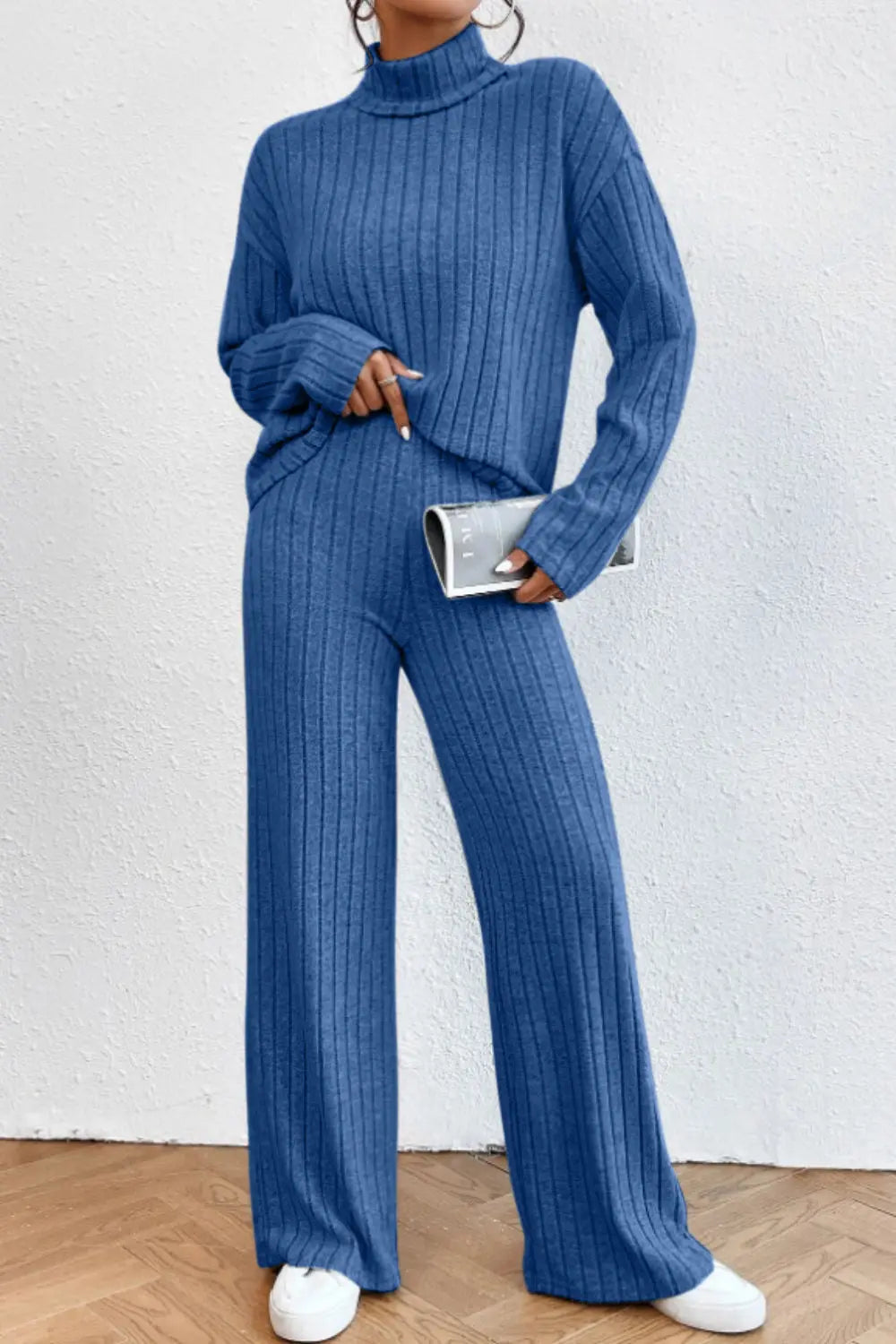 Blue Zone Planet | Mock Neck Dropped Shoulder Top and Pants Set BLUE ZONE PLANET