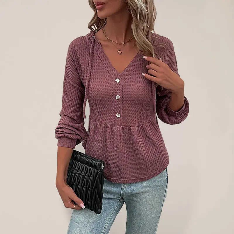 Blue Zone Planet |  Nadia's Knitted Hooded V-neck Waffle Long-Sleeved Blouse BLUE ZONE PLANET