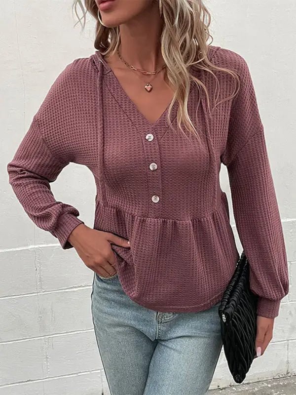 Blue Zone Planet |  Nadia's Knitted Hooded V-neck Waffle Long-Sleeved Blouse BLUE ZONE PLANET