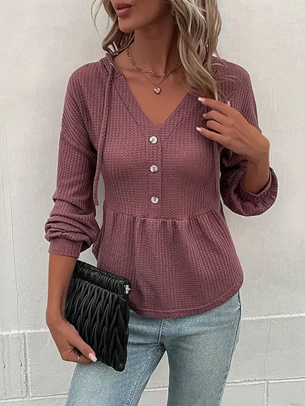 Blue Zone Planet |  Nadia's Knitted Hooded V-neck Waffle Long-Sleeved Blouse BLUE ZONE PLANET