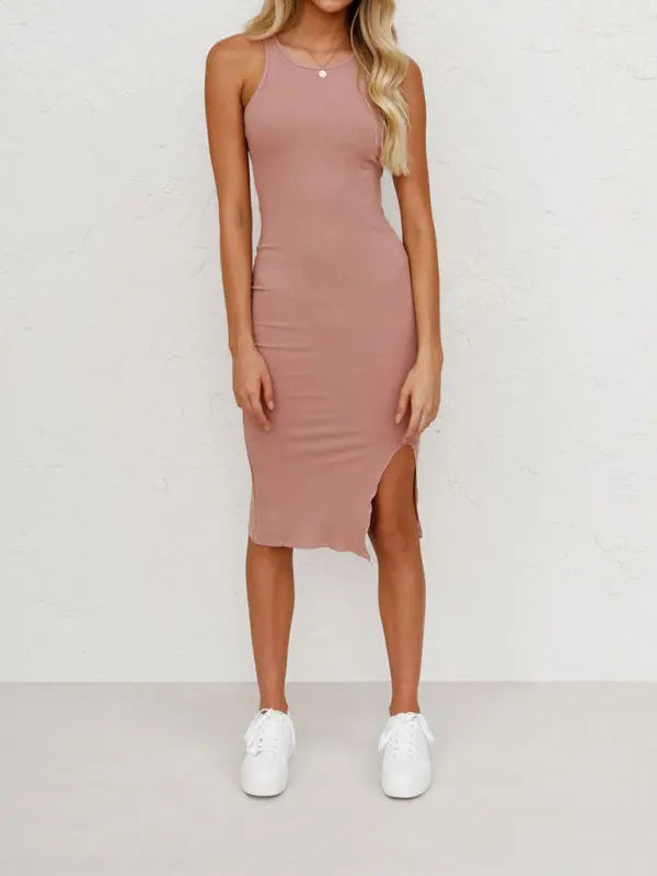 Blue Zone Planet | Natalie's Solid Color Vest Slim Knitted Slit Midi Dress BLUE ZONE PLANET