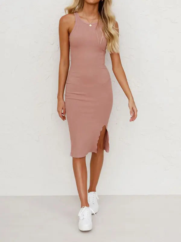 Blue Zone Planet | Natalie's Solid Color Vest Slim Knitted Slit Midi Dress BLUE ZONE PLANET