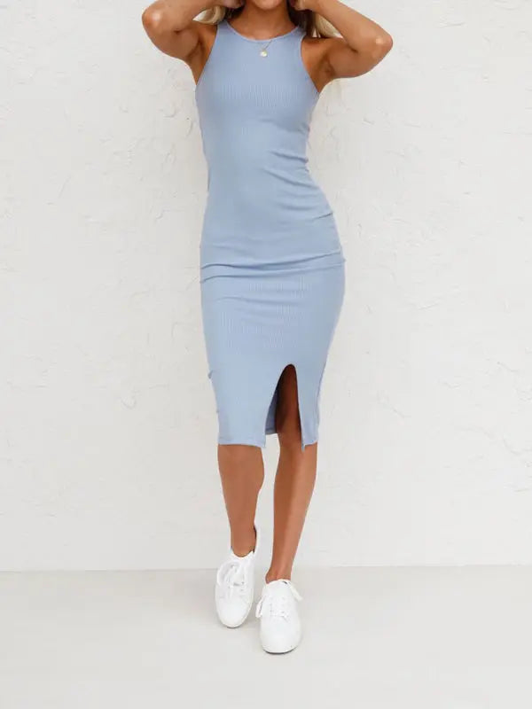 Blue Zone Planet | Natalie's Solid Color Vest Slim Knitted Slit Midi Dress BLUE ZONE PLANET