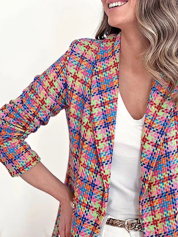 Blue Zone Planet | New long sleeve pocket printed plaid slim fit jacket BLUE ZONE PLANET