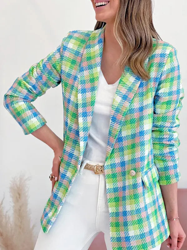 Blue Zone Planet | New long sleeve pocket printed plaid slim fit jacket BLUE ZONE PLANET