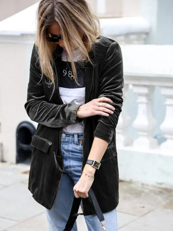 Blue Zone Planet | New solid color casual suit cardigan mid-length jacket BLUE ZONE PLANET