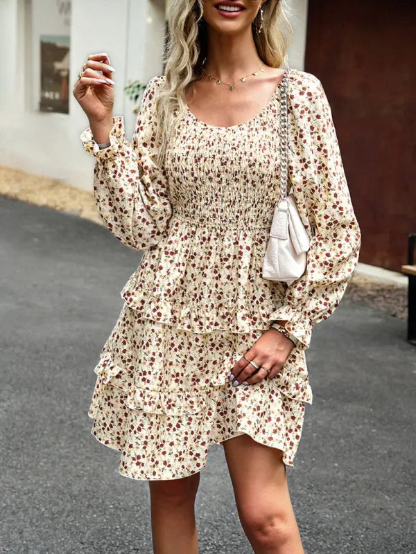 Blue Zone Planet | New women's temperament elegant square neck skirt floral dress kakaclo