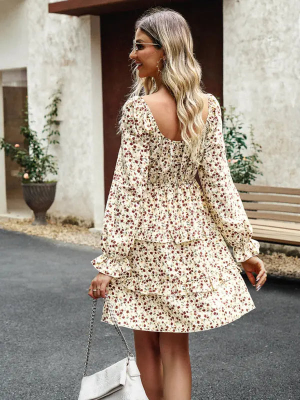 Blue Zone Planet | New women's temperament elegant square neck skirt floral dress kakaclo