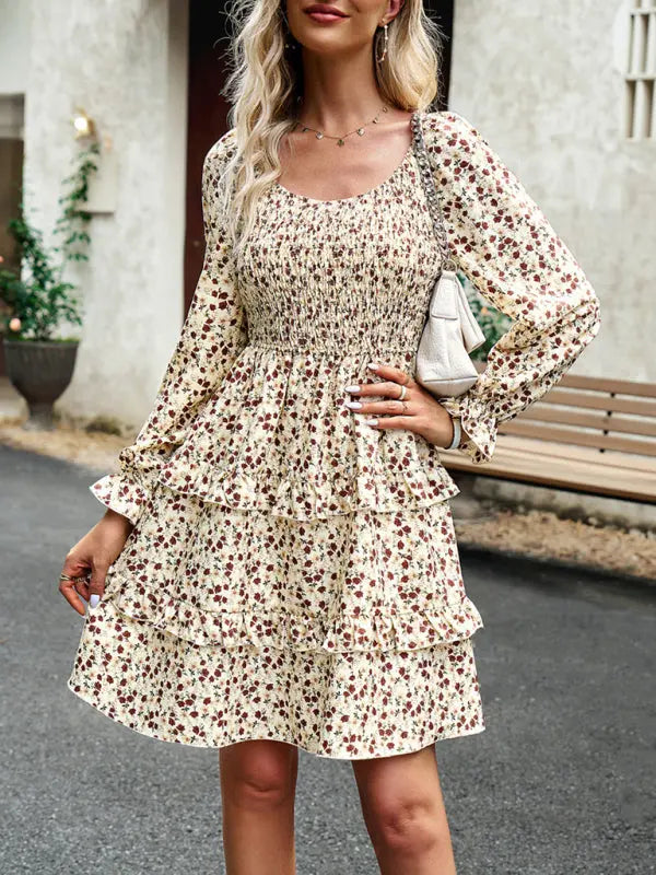 Blue Zone Planet | New women's temperament elegant square neck skirt floral dress kakaclo
