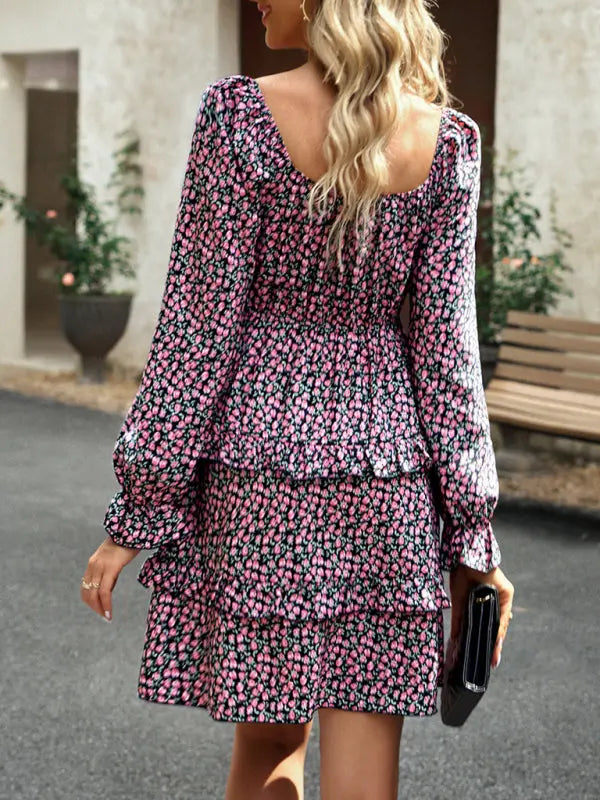 Blue Zone Planet | New women's temperament elegant square neck skirt floral dress kakaclo