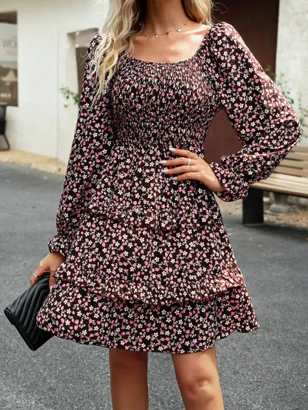 Blue Zone Planet | New women's temperament elegant square neck skirt floral dress kakaclo