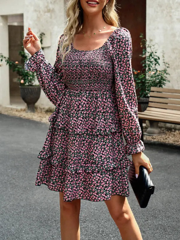 Blue Zone Planet | New women's temperament elegant square neck skirt floral dress kakaclo