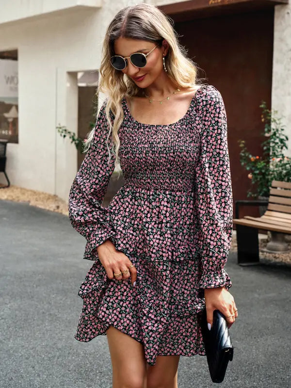 Blue Zone Planet | New women's temperament elegant square neck skirt floral dress kakaclo