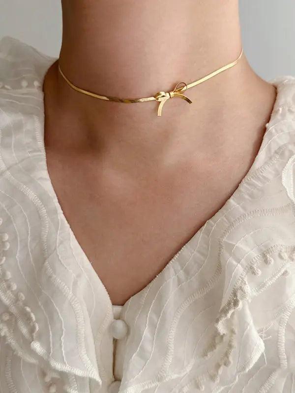 Blue Zone Planet | Niche basic snake bone chain bow fresh and sweet necklace earrings BLUE ZONE PLANET
