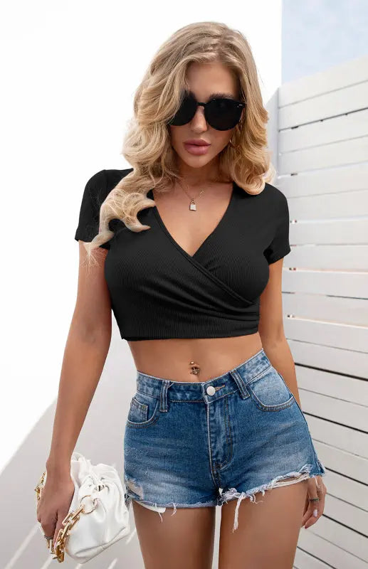 Blue Zone Planet | Nova's Cross V-Neck Short Sleeve Slim Fit Crop Top T-Shirt kakaclo