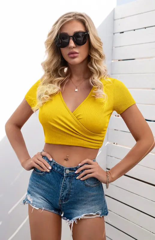 Blue Zone Planet | Nova's Cross V-Neck Short Sleeve Slim Fit Crop Top T-Shirt kakaclo