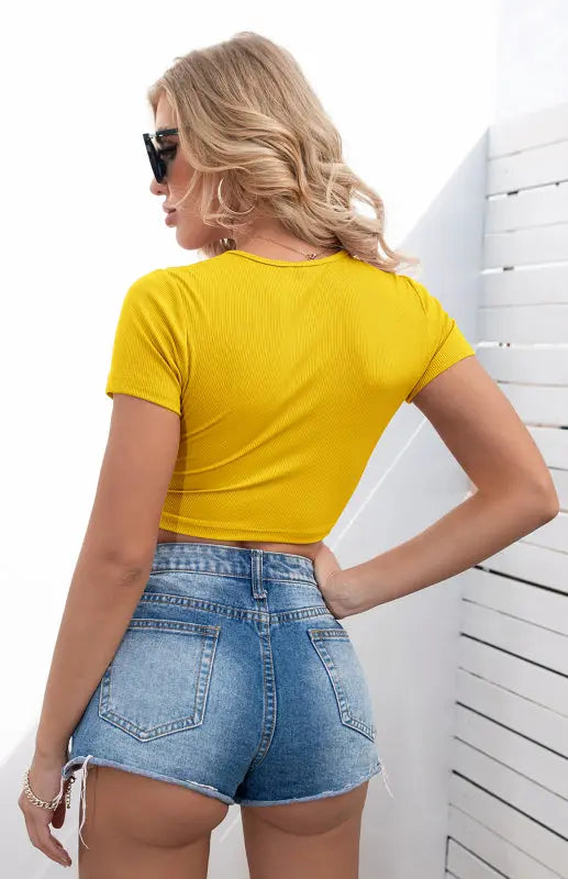Blue Zone Planet | Nova's Cross V-Neck Short Sleeve Slim Fit Crop Top T-Shirt kakaclo