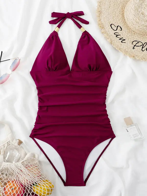 Blue Zone Planet | One Piece Swimsuit Conservative Leopard Print Halter Red Backless Swimsuit BLUE ZONE PLANET