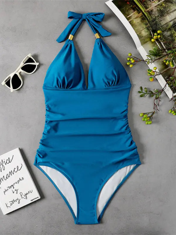 Blue Zone Planet | One Piece Swimsuit Conservative Leopard Print Halter Red Backless Swimsuit BLUE ZONE PLANET