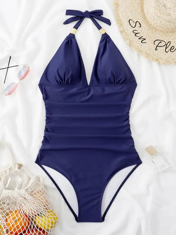 Blue Zone Planet | One Piece Swimsuit Conservative Leopard Print Halter Red Backless Swimsuit BLUE ZONE PLANET