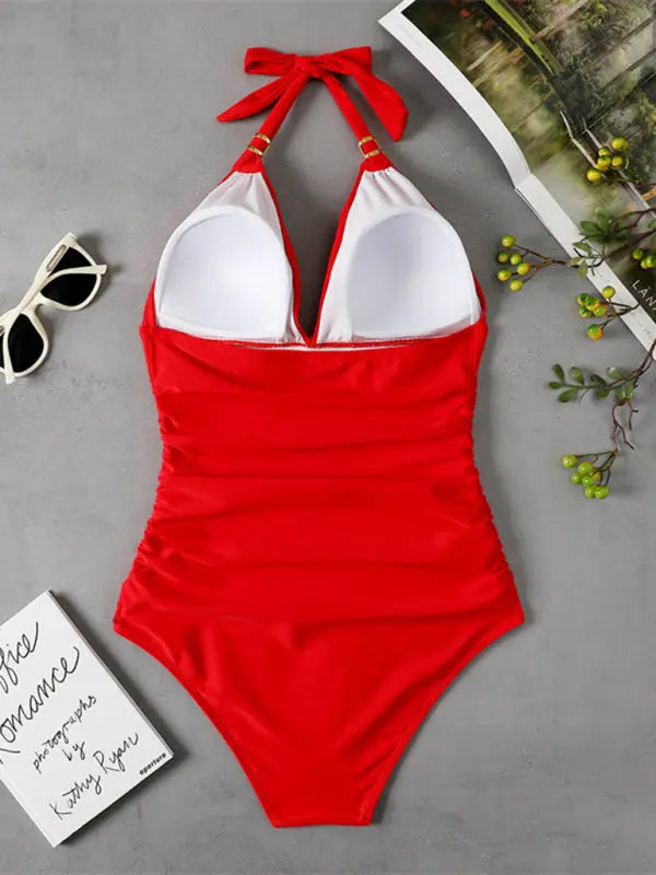 Blue Zone Planet | One Piece Swimsuit Conservative Leopard Print Halter Red Backless Swimsuit BLUE ZONE PLANET