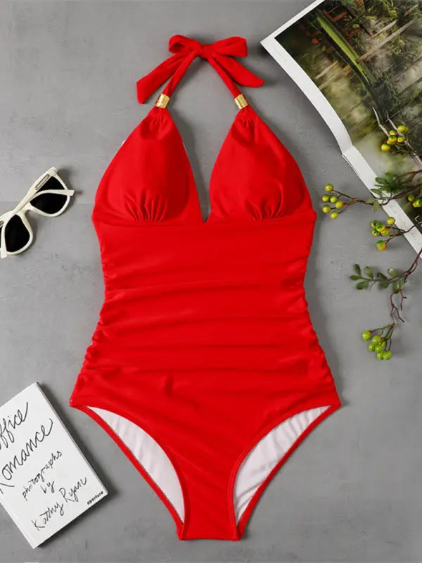 Blue Zone Planet | One Piece Swimsuit Conservative Leopard Print Halter Red Backless Swimsuit BLUE ZONE PLANET