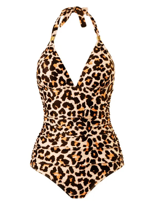 Blue Zone Planet | One Piece Swimsuit Conservative Leopard Print Halter Red Backless Swimsuit BLUE ZONE PLANET
