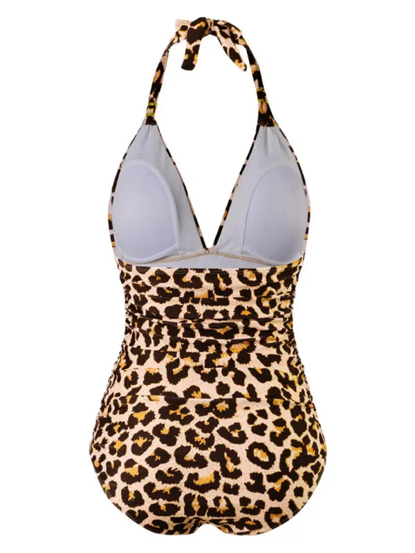 Blue Zone Planet | One Piece Swimsuit Conservative Leopard Print Halter Red Backless Swimsuit BLUE ZONE PLANET
