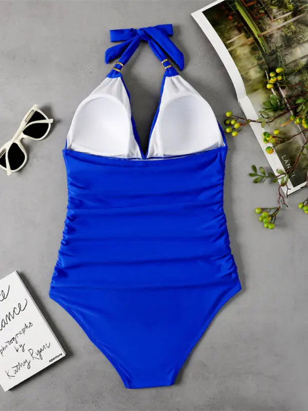 Blue Zone Planet | One Piece Swimsuit Conservative Leopard Print Halter Red Backless Swimsuit BLUE ZONE PLANET