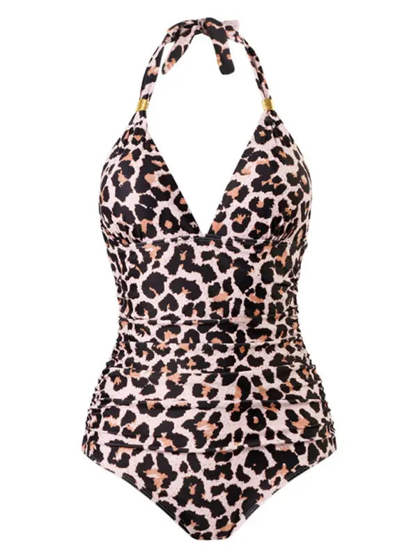 Blue Zone Planet | One Piece Swimsuit Conservative Leopard Print Halter Red Backless Swimsuit BLUE ZONE PLANET