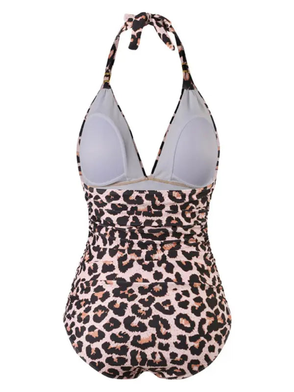 Blue Zone Planet | One Piece Swimsuit Conservative Leopard Print Halter Red Backless Swimsuit BLUE ZONE PLANET