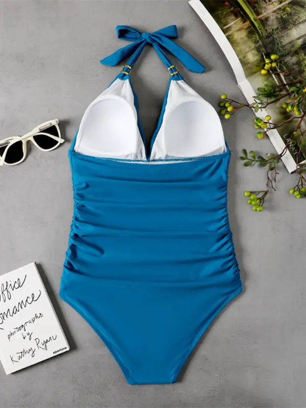 Blue Zone Planet | One Piece Swimsuit Conservative Leopard Print Halter Red Backless Swimsuit BLUE ZONE PLANET