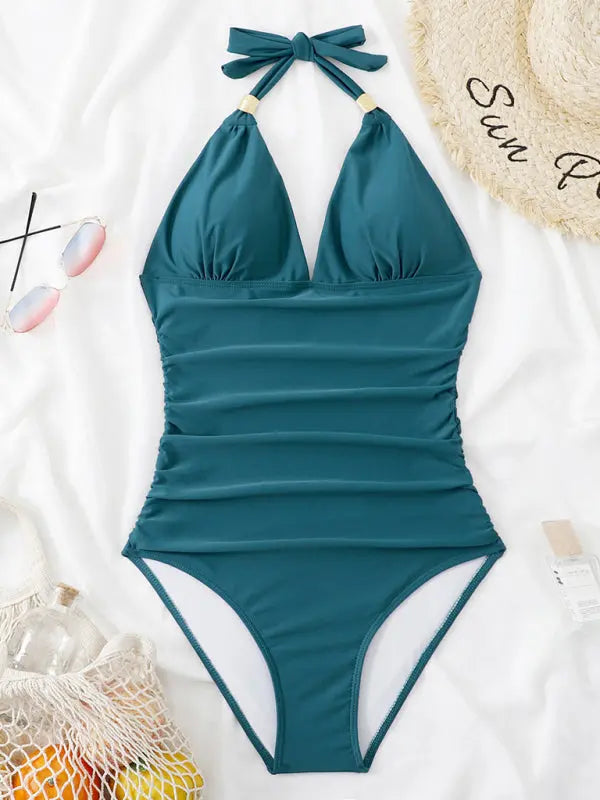 Blue Zone Planet | One Piece Swimsuit Conservative Leopard Print Halter Red Backless Swimsuit BLUE ZONE PLANET