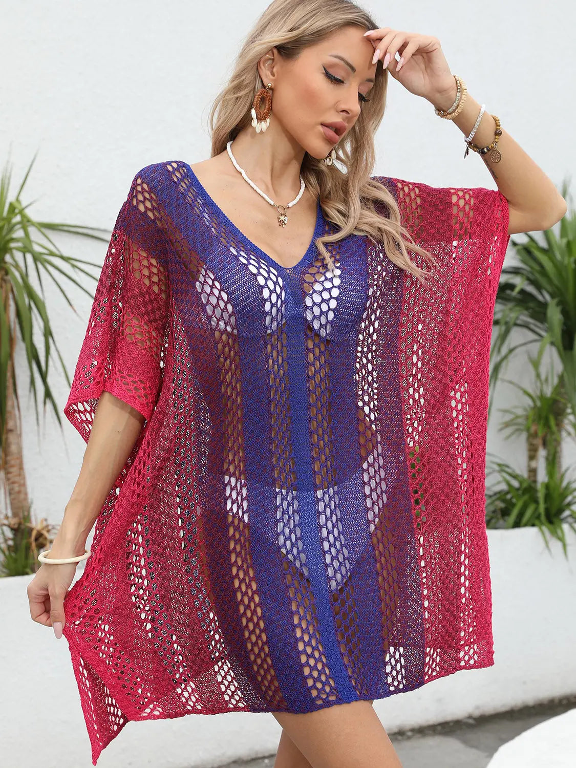 Blue Zone Planet |  Openwork Contrast V-Neck Cover-Up BLUE ZONE PLANET