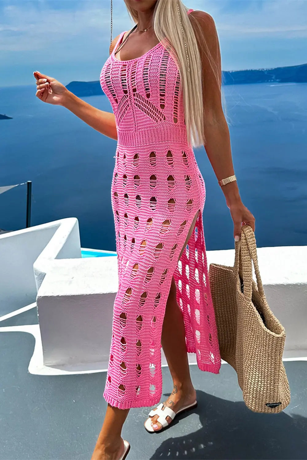 Blue Zone Planet |  Openwork Slit Scoop Neck Sleeveless Cover Up BLUE ZONE PLANET