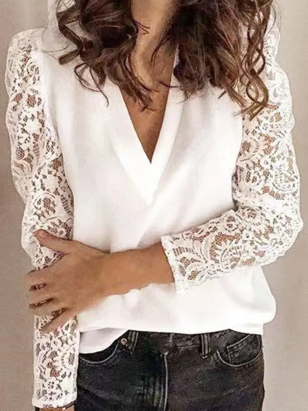 Blue Zone Planet | Paneled Lace Long Sleeve Slim Fit Top BLUE ZONE PLANET
