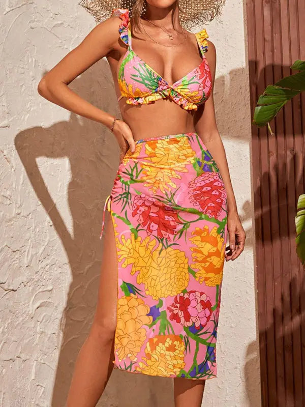 Blue Zone Planet |  Phoebe's Split Style Backless Bikini with Hip Maxi Sarong Skirt 3-Piece Set BLUE ZONE PLANET