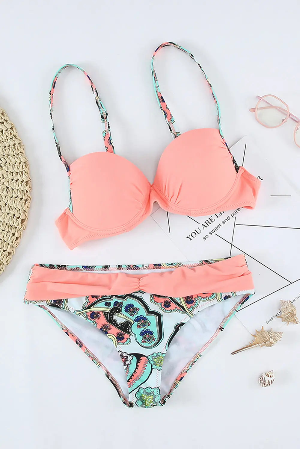 Blue Zone Planet | Pink Padded Gather Push-up Bikini Set Blue Zone Planet