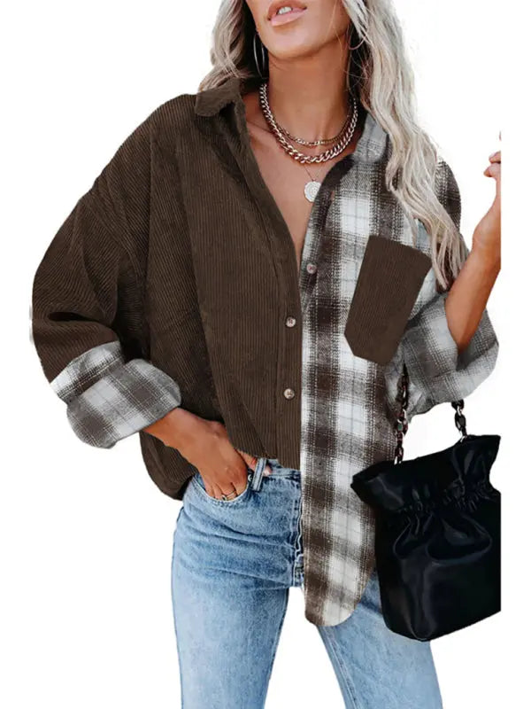 Blue Zone Planet | Plaid shirt cross-border European and American foreign trade long-sleeved loose pocket shirt BLUE ZONE PLANET